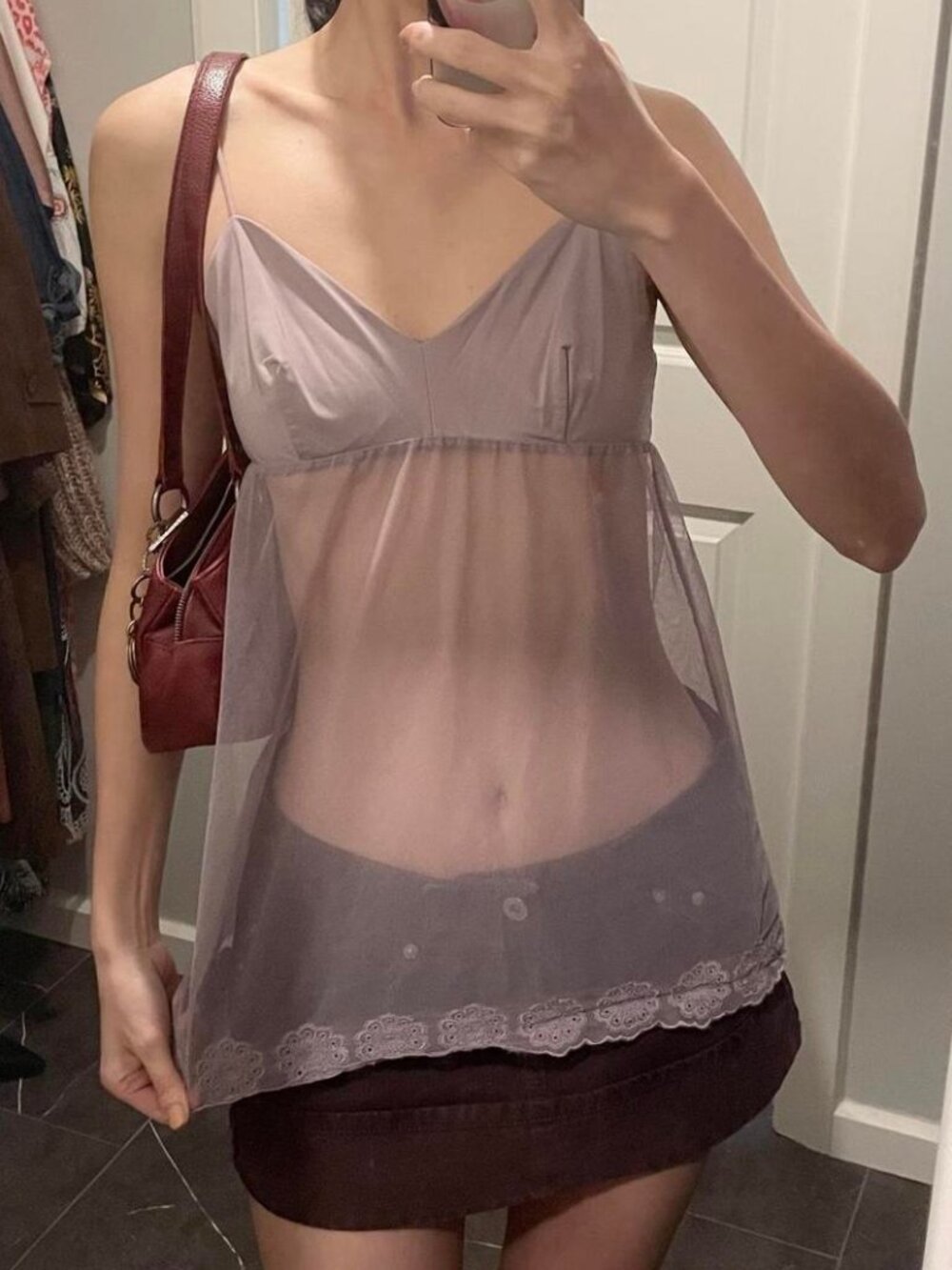 Purple Sheer Mesh Spaghetti-Strap Cami Top